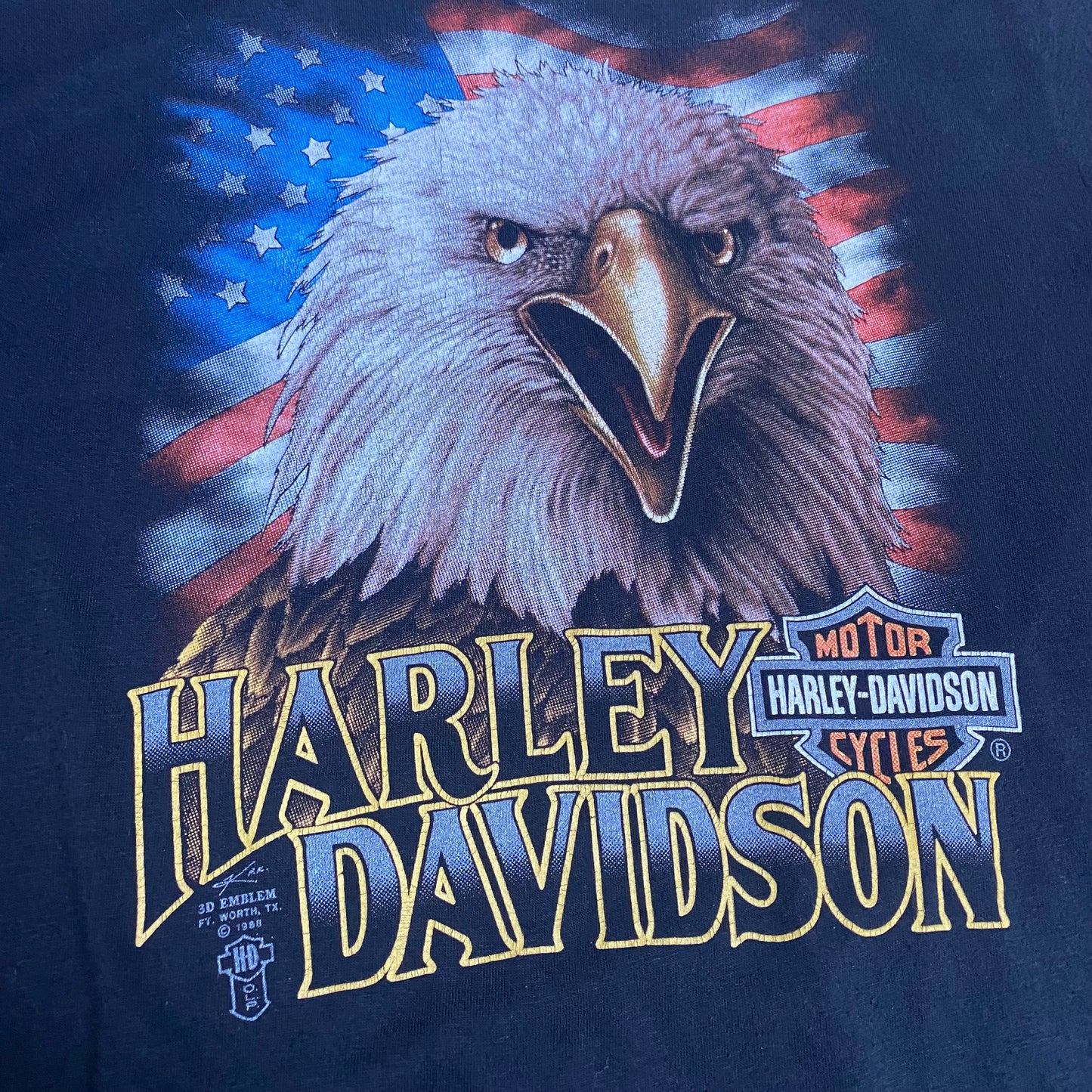 Harley Davidson 1988 3D Emblem Bald Eagle & Flag Tee